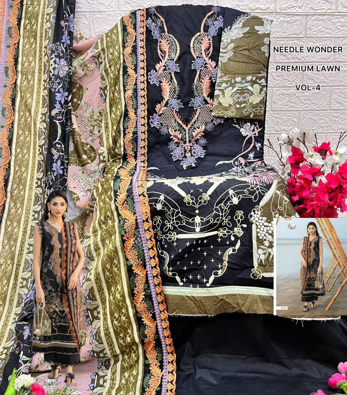 NEEDLE WONDER PREMIUM LAWN VOL-4 By Shree Fabs 4321 To 4328 Series Designer Pakistani Suits Pure Cotton print Dresses At Wholesale Price